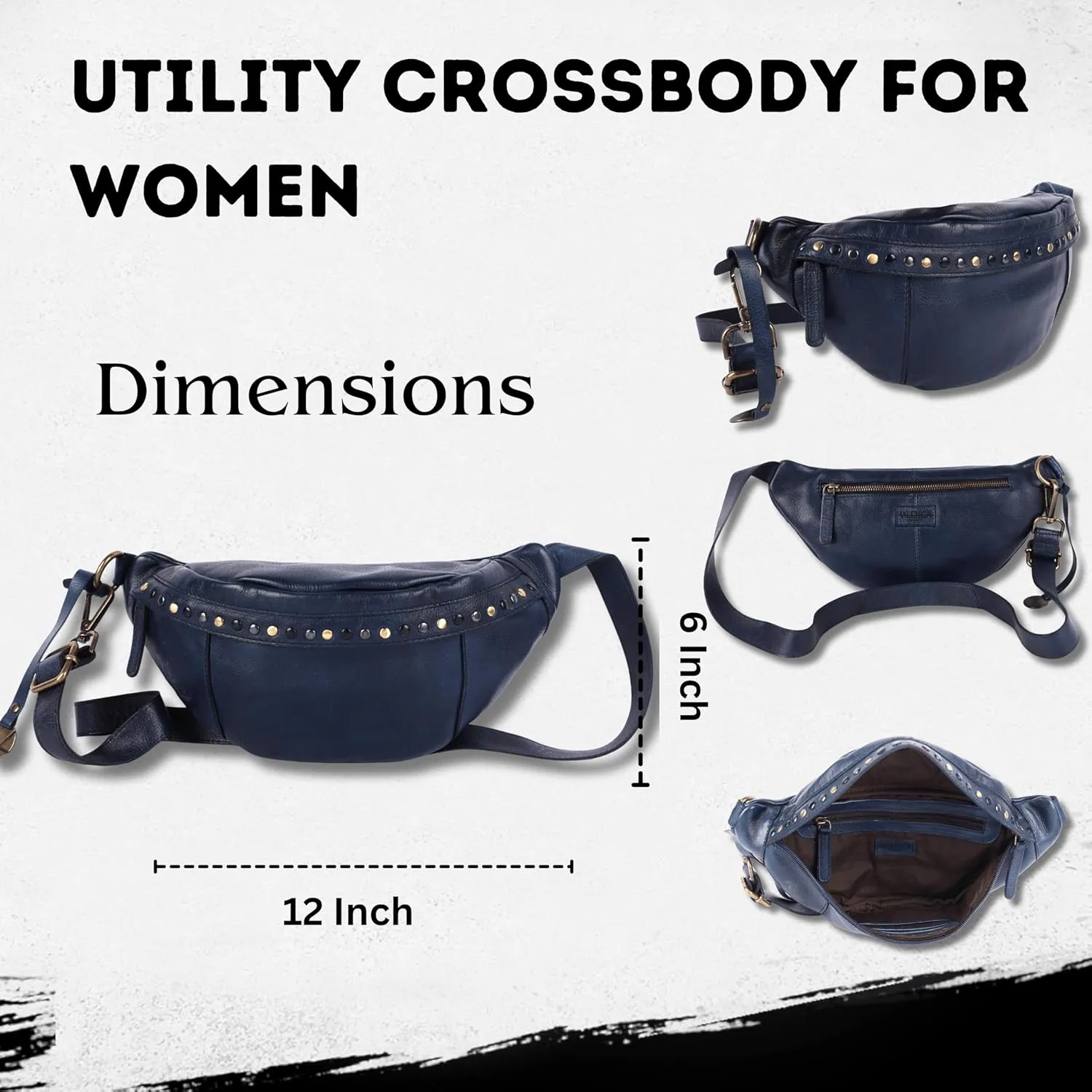Genuine Italian Leather Boho Studded Waist Bag  Stylish & Durable Unisex Travel Fanny Pack for Essentials (Navy)