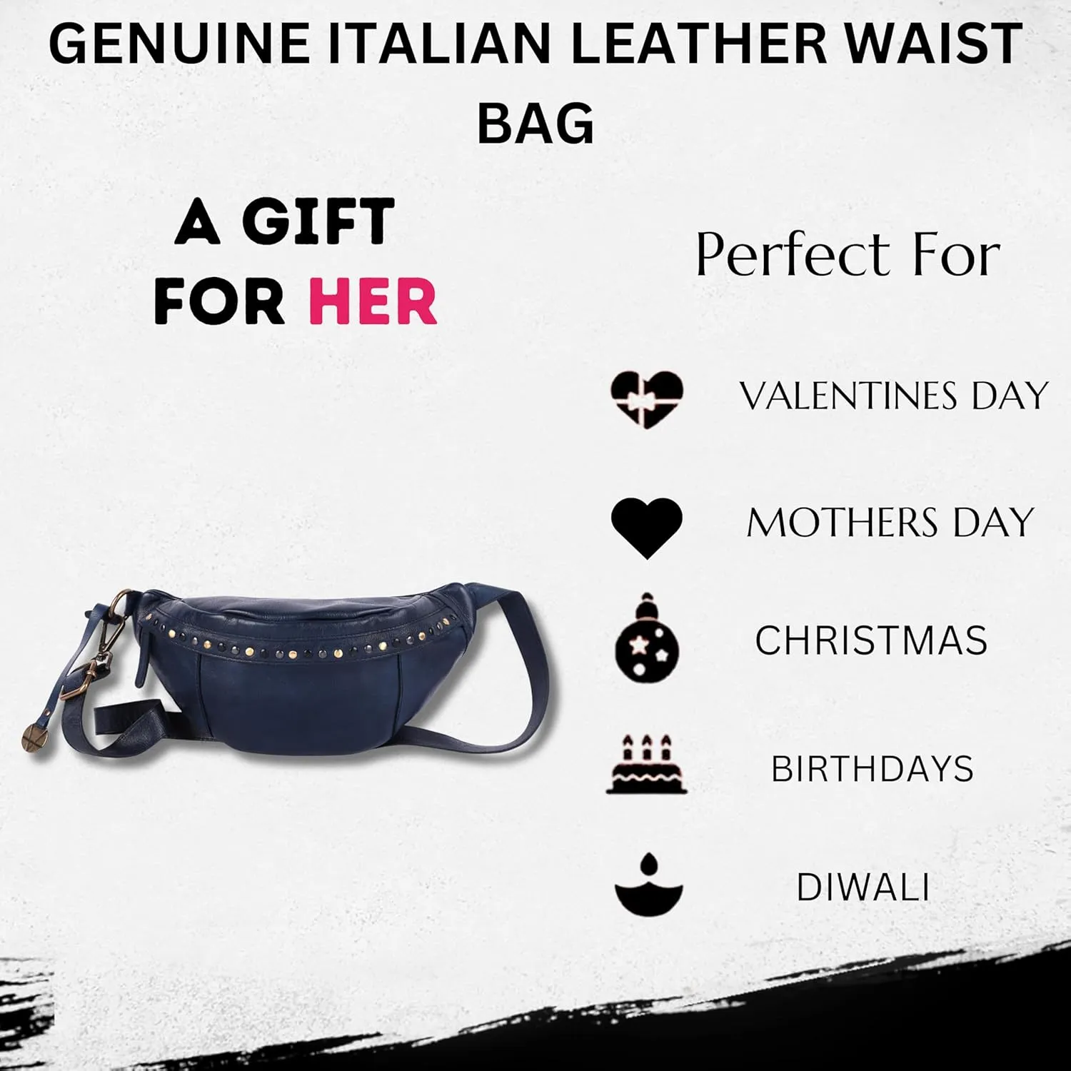 Genuine Italian Leather Boho Studded Waist Bag  Stylish & Durable Unisex Travel Fanny Pack for Essentials (Navy)