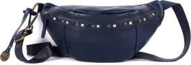 Genuine Italian Leather Boho Studded Waist Bag  Stylish & Durable Unisex Travel Fanny Pack for Essentials (Navy)
