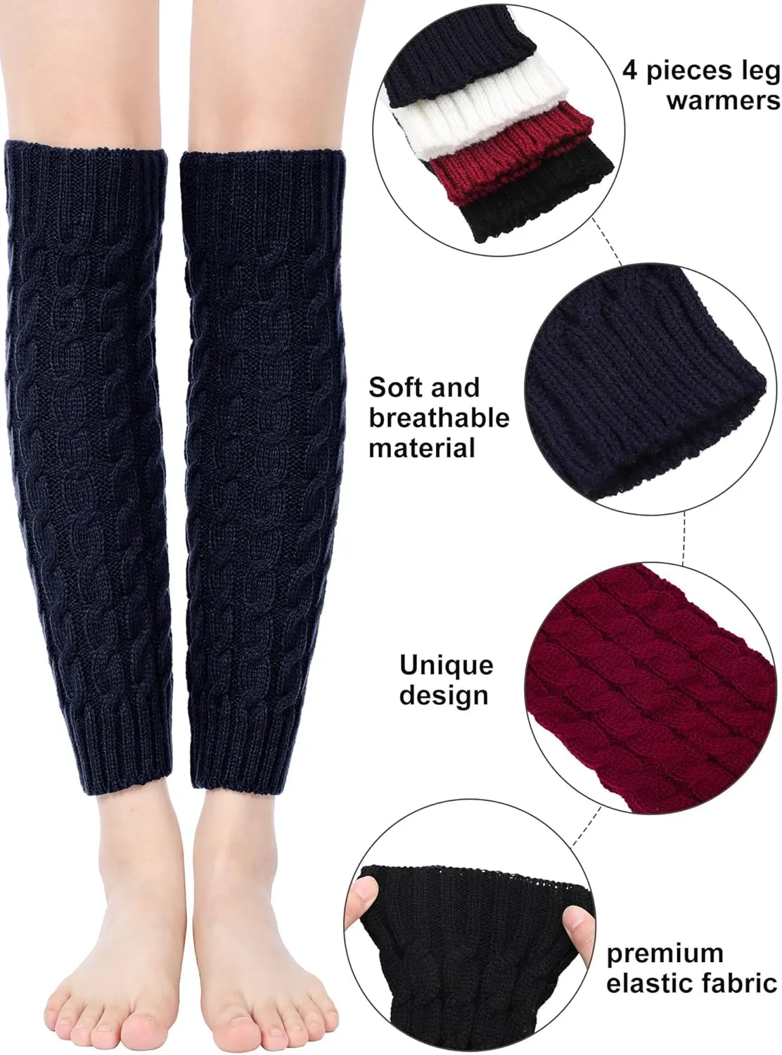 Geyoga 4 Pairs Leg Warmers for Women Long Winter Leg Warmers Cable Knitted Crochet Boot Socks