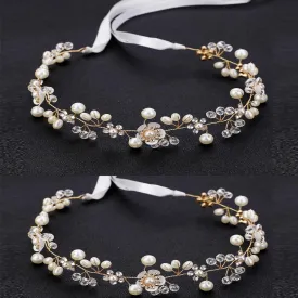 Hairband, Gold 2PCS, Wedding Hair Accessory for Flower Girls, Princess Headpiece, Pearl Headband, Women Headbands