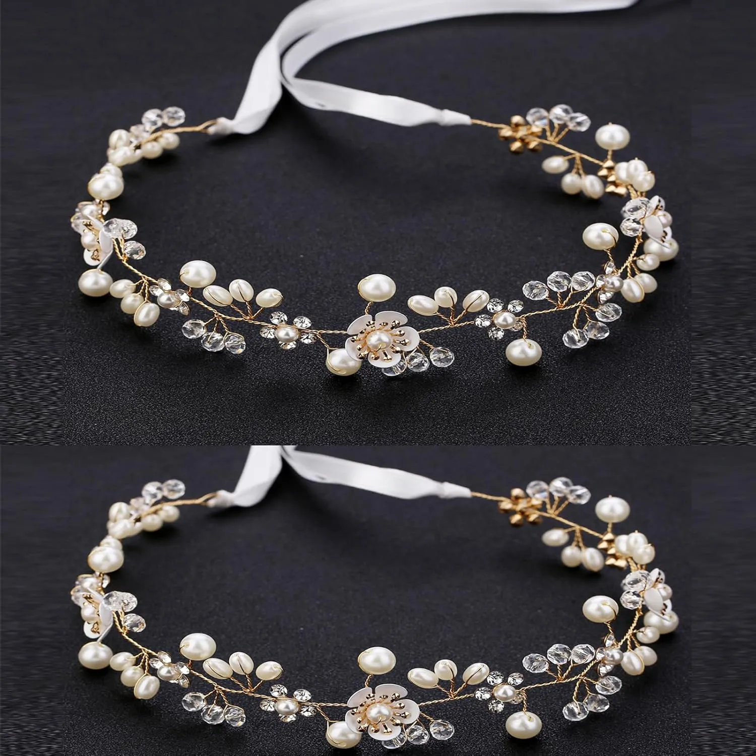 Hairband, Gold 2PCS, Wedding Hair Accessory for Flower Girls, Princess Headpiece, Pearl Headband, Women Headbands