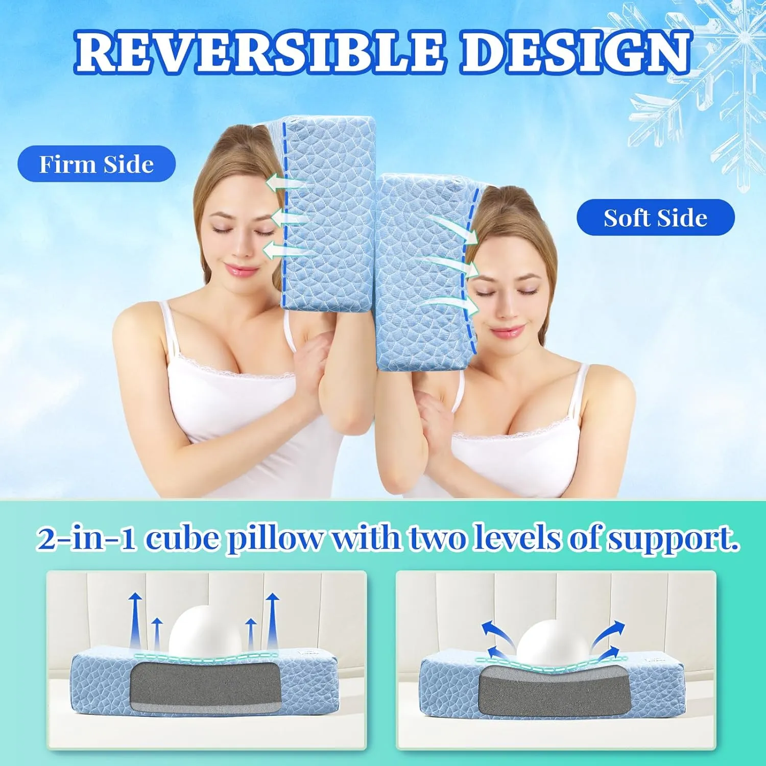 HARBOREST Cooling Cube Pillow - Side Sleeper Pillow for Neck and Shoulder Pain, Memory Foam Pillow Cube Pro with Adjustable Firmness,24"x12"x5", Blue