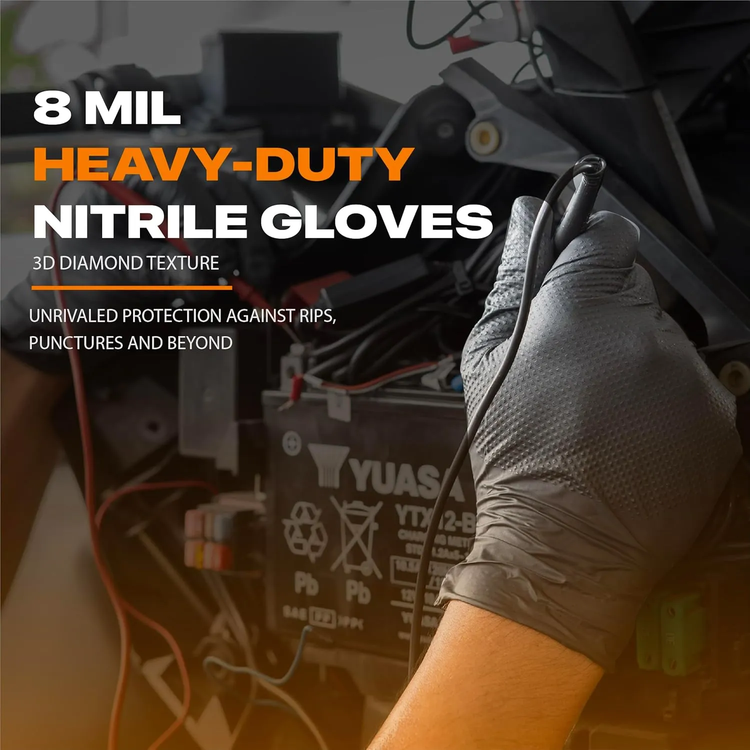 Herkules Grip Heavy Duty 8Mil Black Nitrile Gloves,3D Raised Diamond Texture-Latex & Powder-Free Industrial, Mechanic