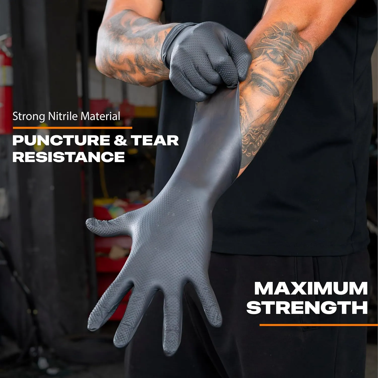 Herkules Grip Heavy Duty 8Mil Black Nitrile Gloves,3D Raised Diamond Texture-Latex & Powder-Free Industrial, Mechanic