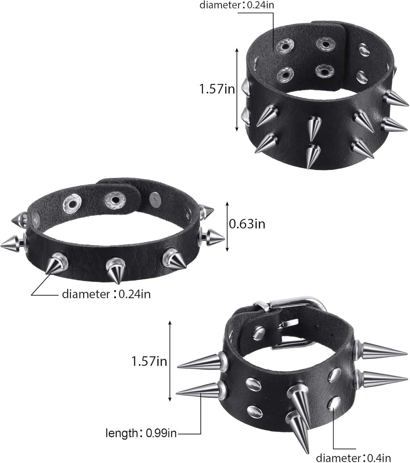 Hicarer 9 Pieces Spiked Studded Bracelet Black Leather Rivet Punk Bracelet Cuff Wrap Bangle Snap Button Metal Wristband for Men Women