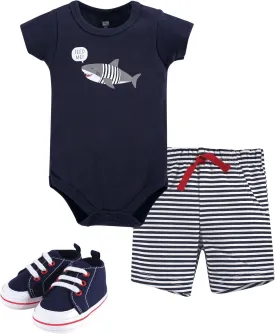 Hudson Baby Unisex Baby Cotton Bodysuit, Shorts and Shoe Set