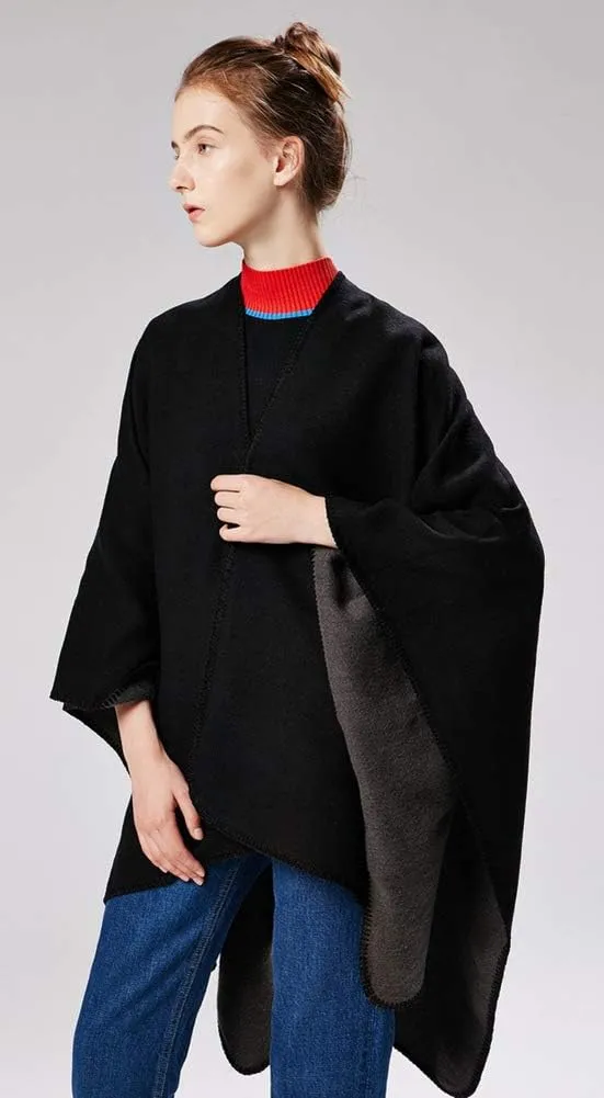 Hycurey Women Winter Knitted Faux Cashmere Poncho Capes Plus Size Shawl Cardigans Sweater Coat
