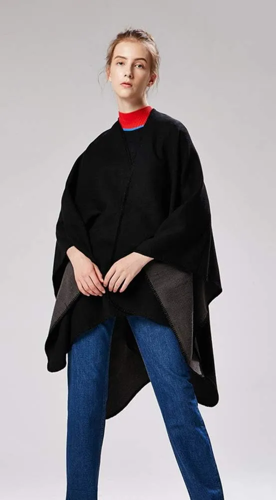 Hycurey Women Winter Knitted Faux Cashmere Poncho Capes Plus Size Shawl Cardigans Sweater Coat