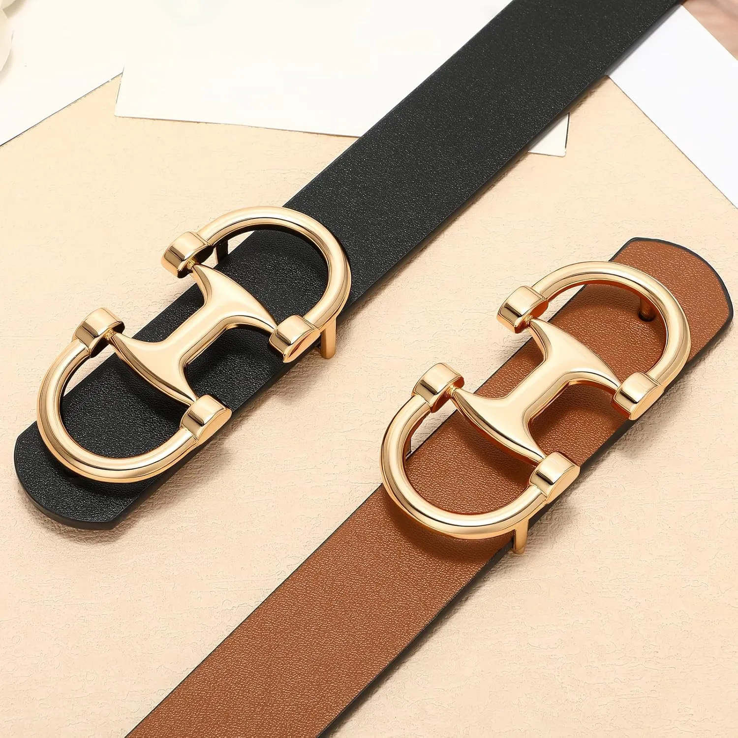 IAKING Women Reversible Leather Belt Two-in-One Ladies Belts with Gold Buckle for Jeans Pants Dresses