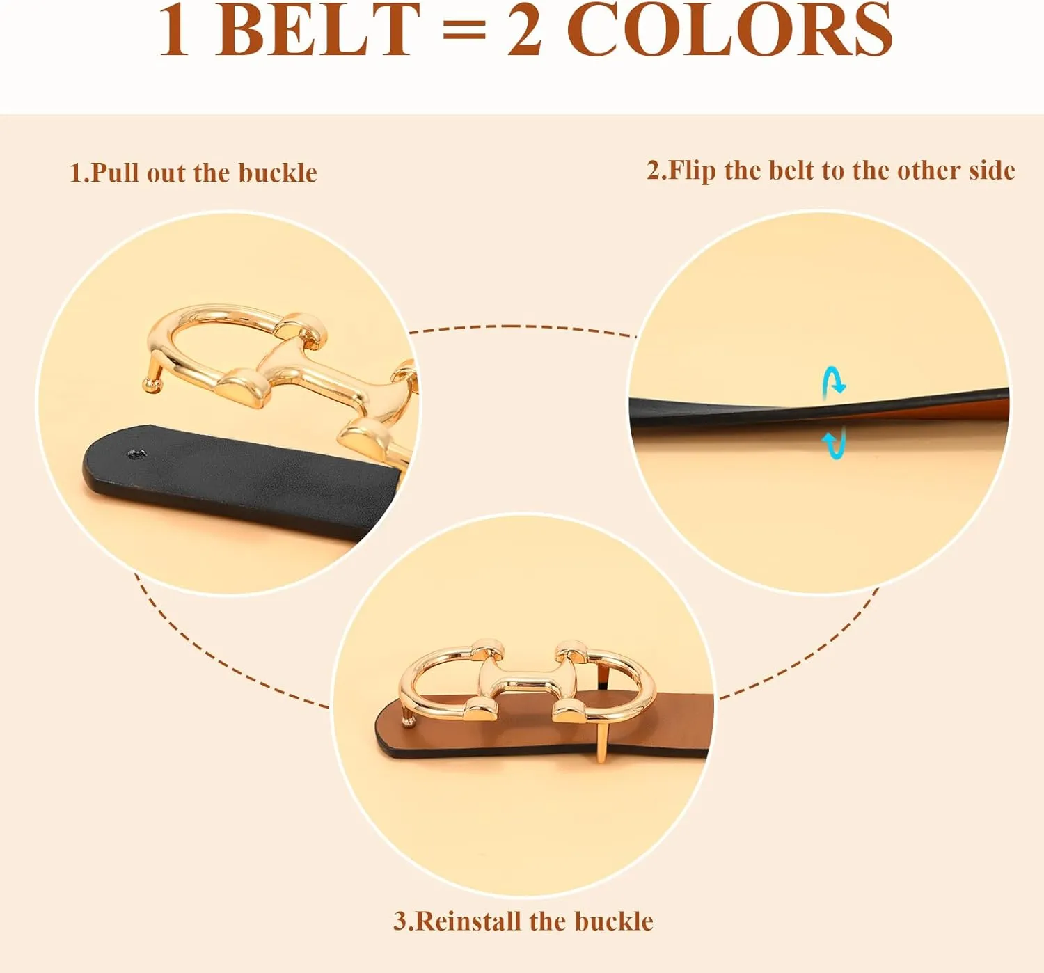 IAKING Women Reversible Leather Belt Two-in-One Ladies Belts with Gold Buckle for Jeans Pants Dresses