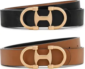 IAKING Women Reversible Leather Belt Two-in-One Ladies Belts with Gold Buckle for Jeans Pants Dresses