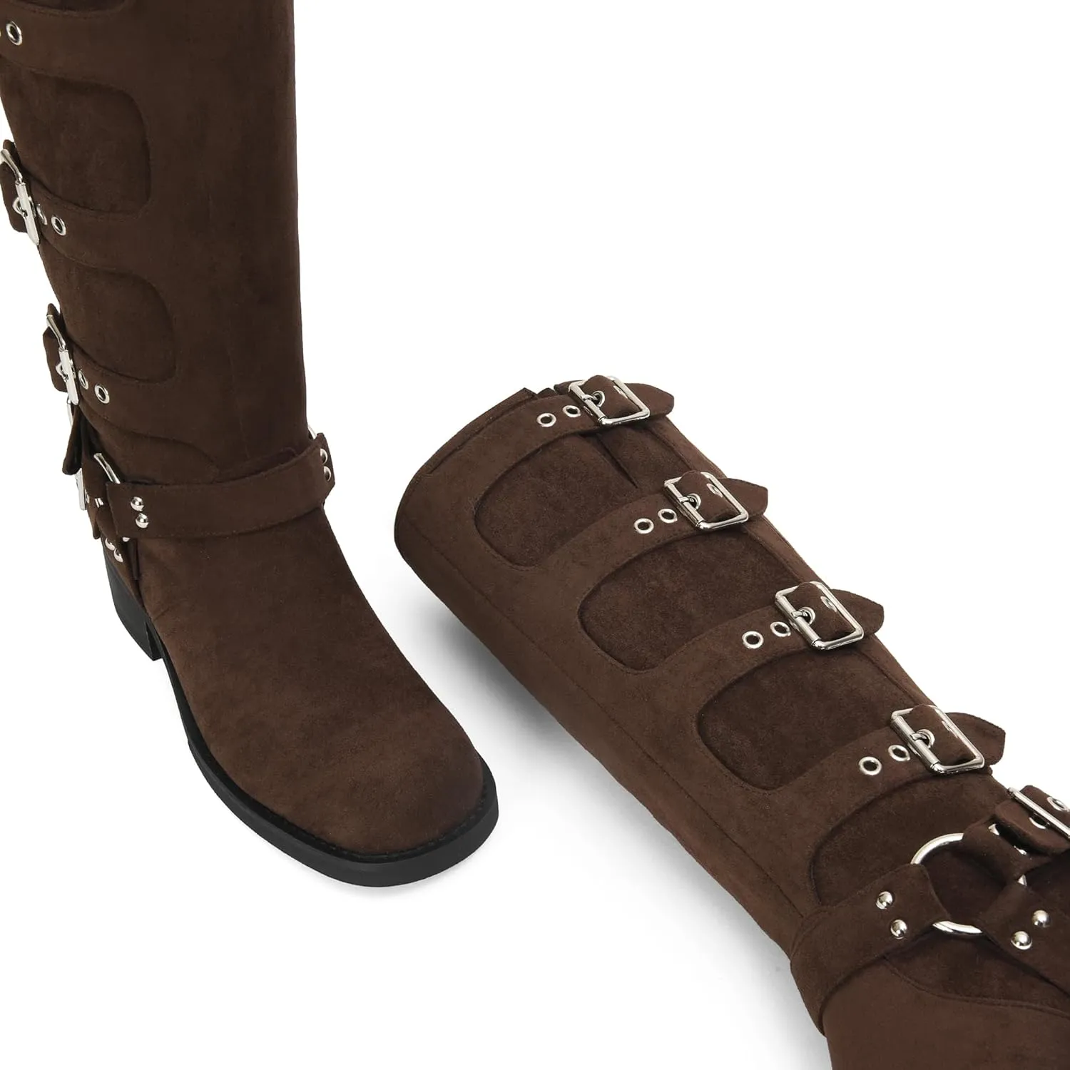 iiimmu Women's Mid Calf Boots 14" Shaft Height Buckle Strap Gothic Motorcycle Boots Retro Punk Style Combat Riding Boot