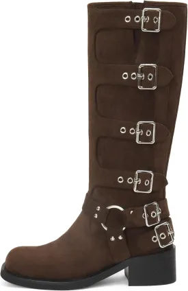 iiimmu Women's Mid Calf Boots 14" Shaft Height Buckle Strap Gothic Motorcycle Boots Retro Punk Style Combat Riding Boot