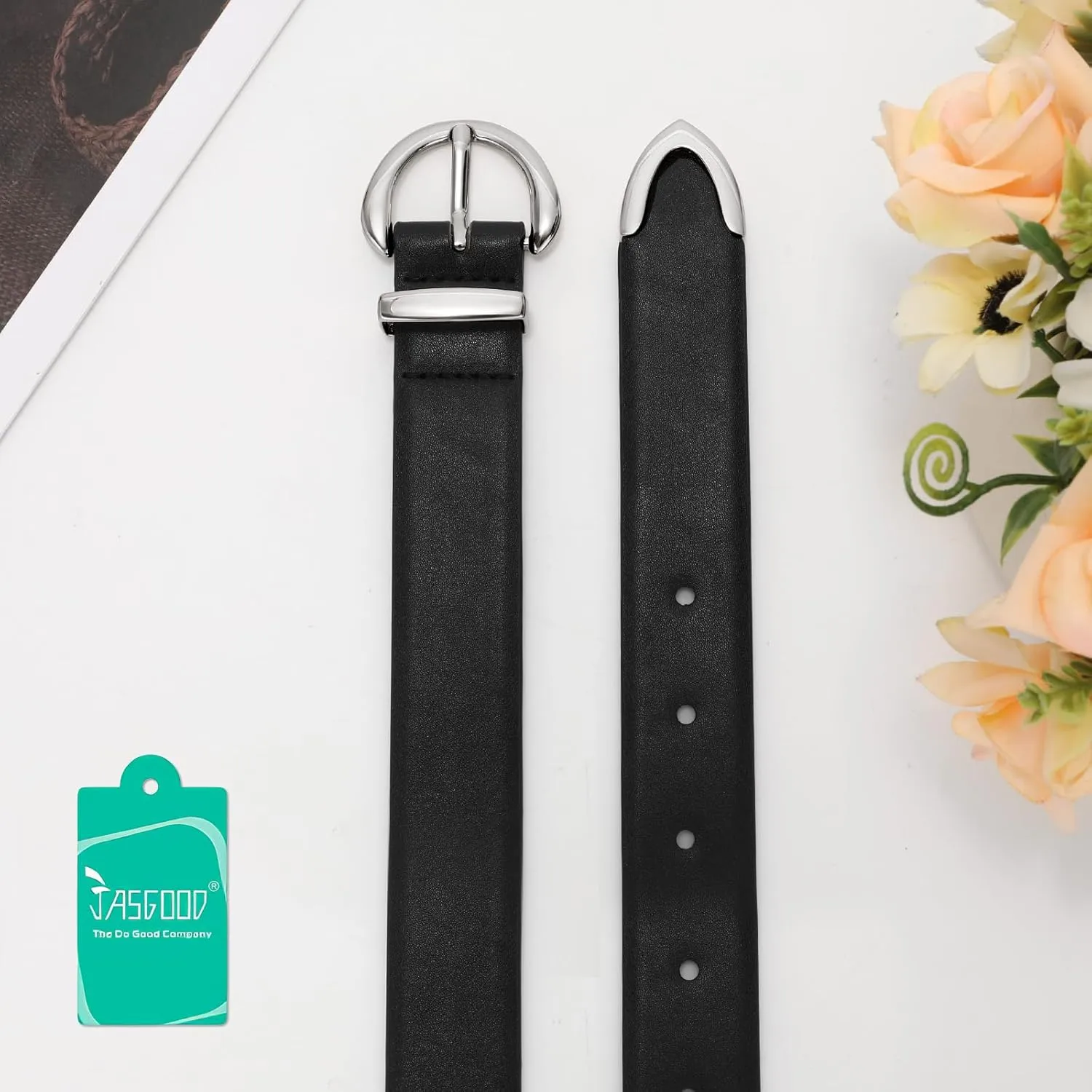 JASGOOD Women Leather Belt Fashion Ladies Waist Belt for Jeans Casual Faux Leather Belt with Gold Buckle
