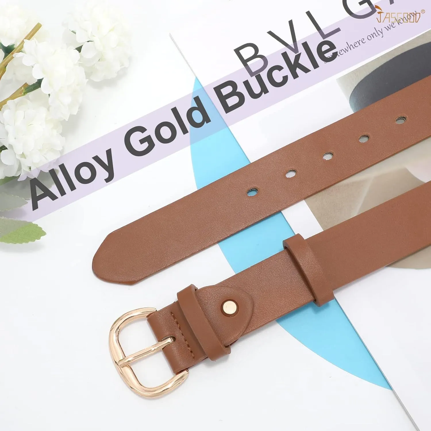 JASGOOD Women Leather Belt for Jeans Pants Gold Buckle Lady Casual Dress Waist Belt