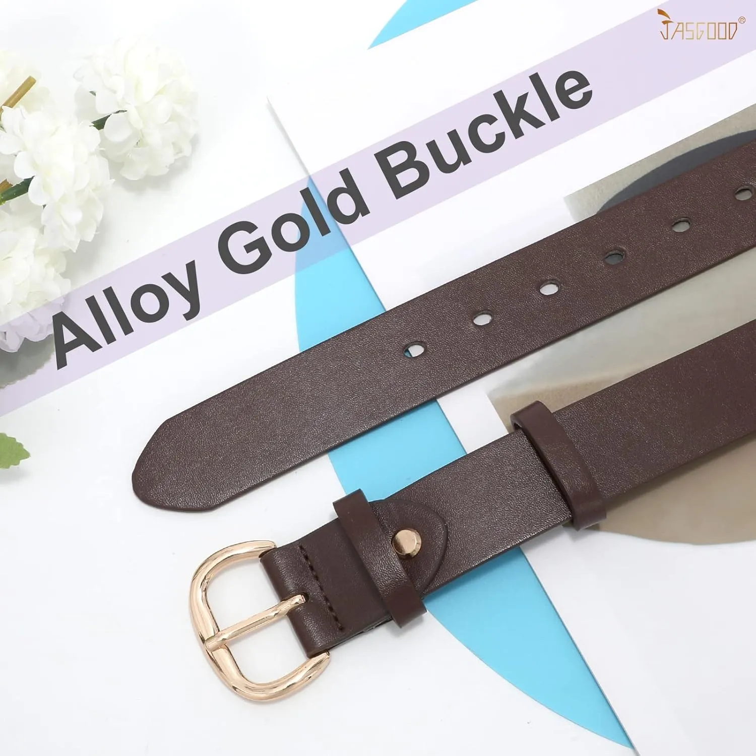 JASGOOD Women Leather Belt for Jeans Pants Gold Buckle Lady Casual Dress Waist Belt