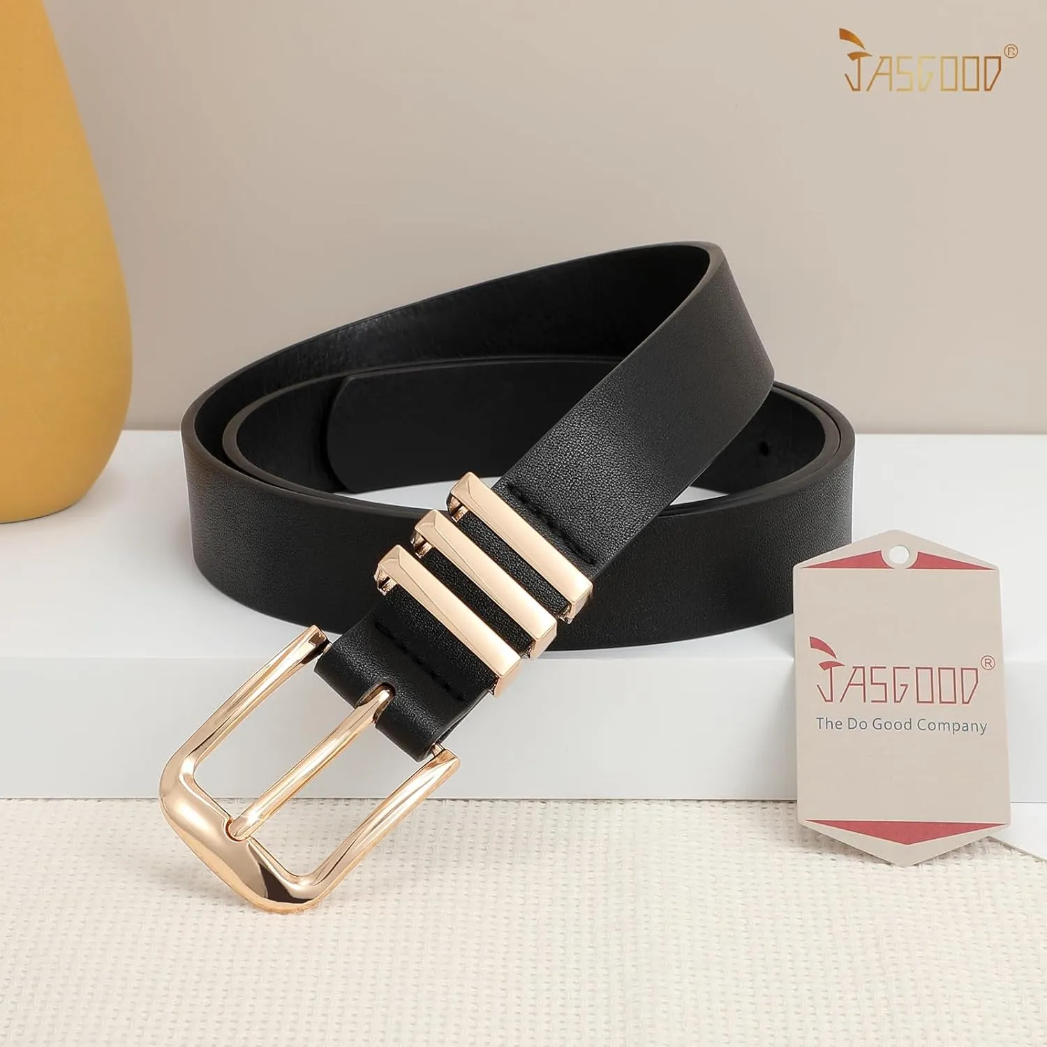 JASGOOD Women's Leather Belt Ladies Fashion Gold Buckle Belt for Jeans Pants Dress