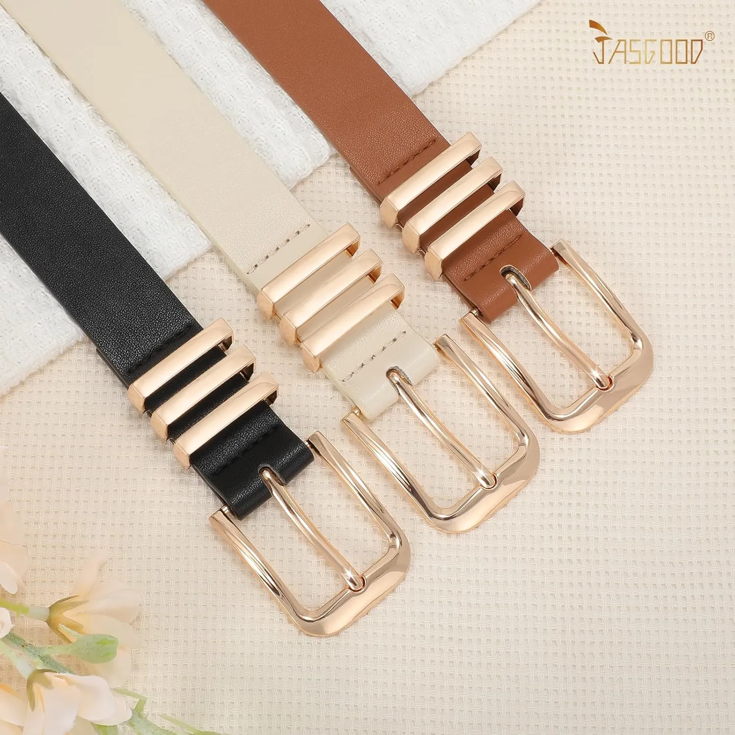 JASGOOD Women's Leather Belt Ladies Fashion Gold Buckle Belt for Jeans Pants Dress