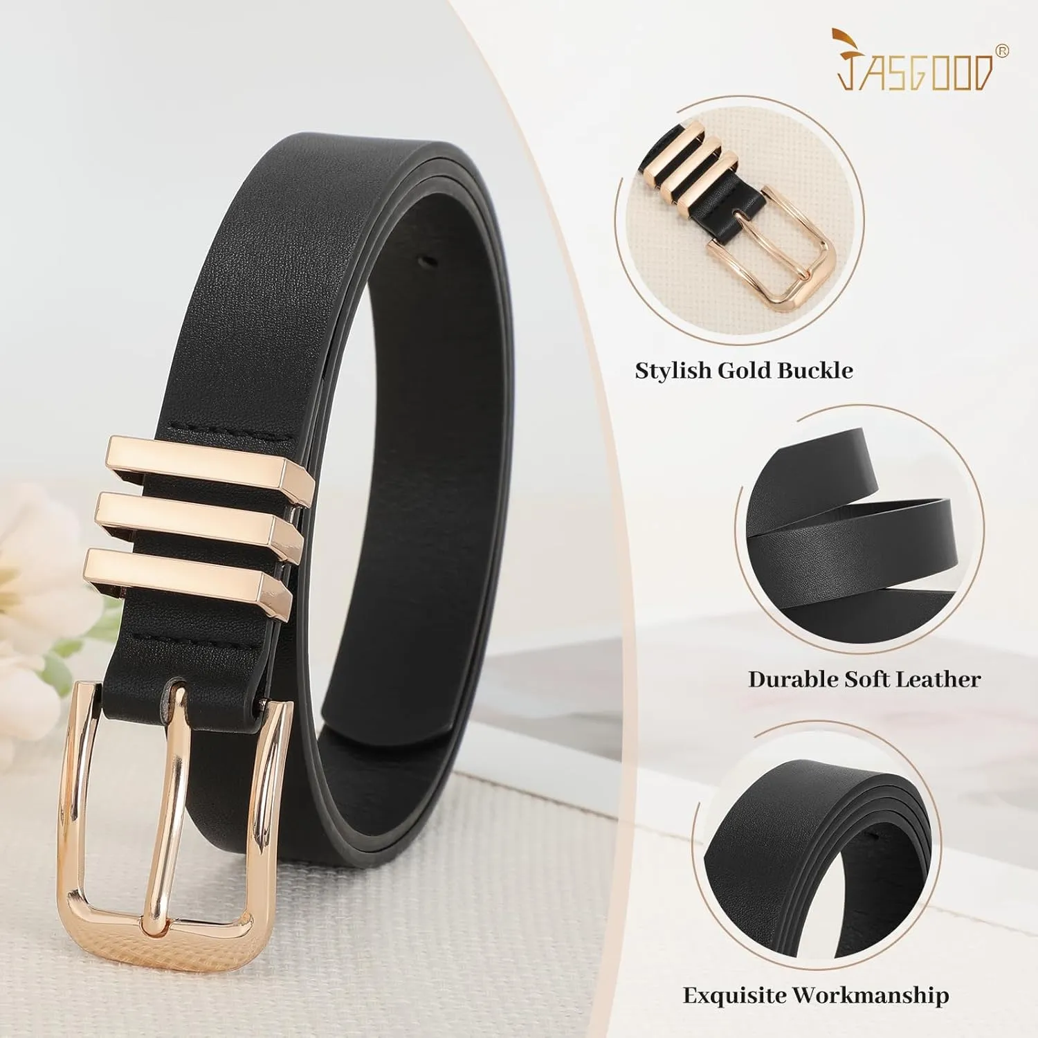 JASGOOD Women's Leather Belt Ladies Fashion Gold Buckle Belt for Jeans Pants Dress