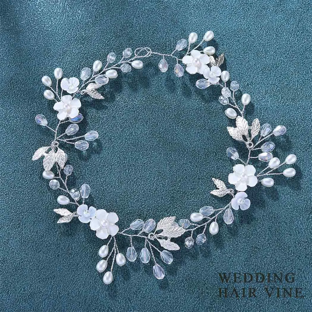 JONKY Bride Wedding Hair Vine Pearl Bride Hair Piece Leaf Wedding Headbands Flower Wedding Headpieces Crystal Bridal Hair Accessories for Women (Silver)
