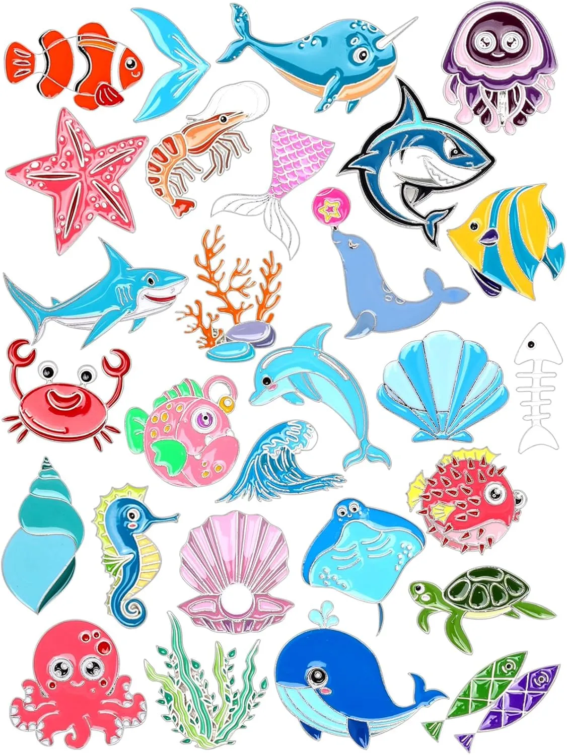 JUNEBRUSHS 28PCS Ocean Sea Animal Enamel Pins Cute Fish Sea Creature Brooch Pins for Ocean Theme Party Classroom Favor Supplies Exchange Gift Clothes Hat Accessories