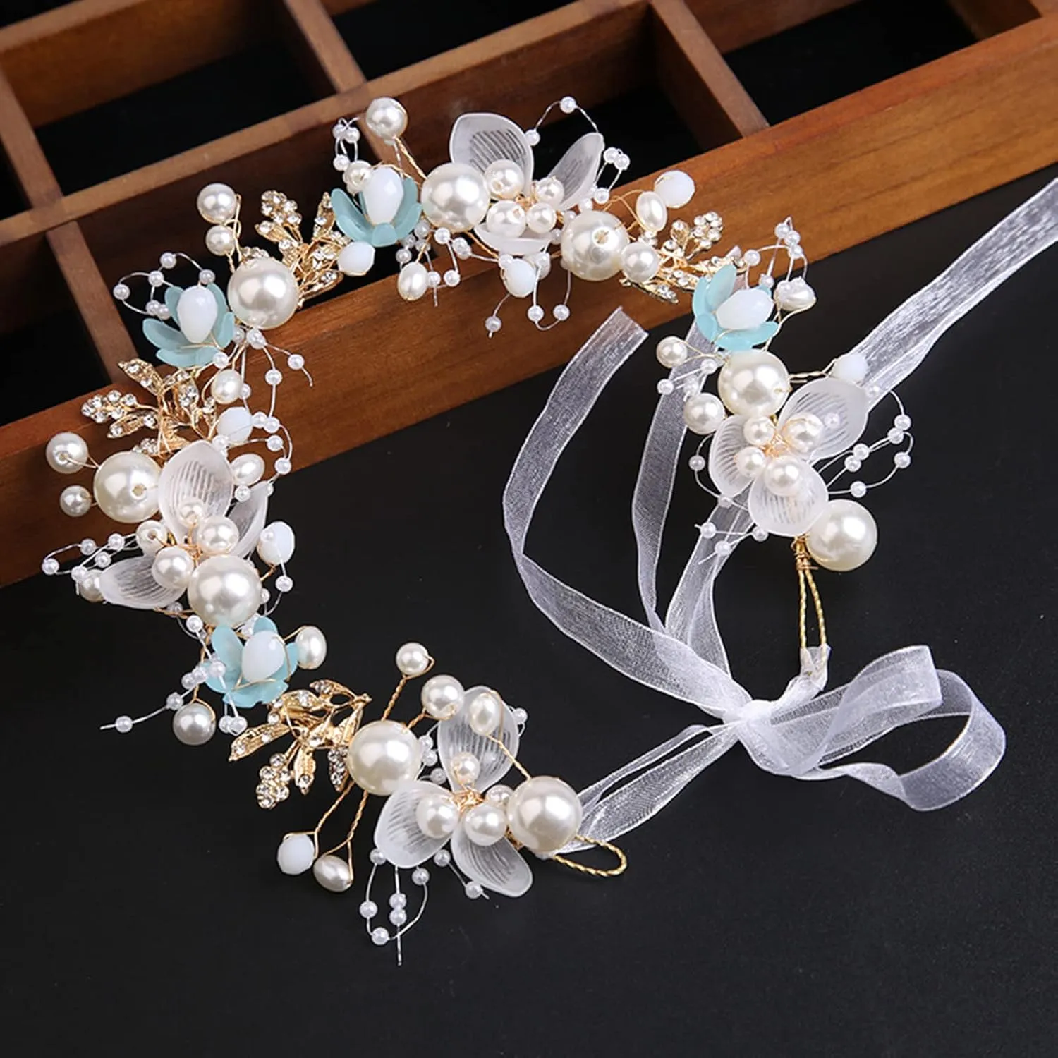 Kids' Wedding Hair Accessories - Princess Headpiece, White Flower Headband Pearl for Girls, Cute Bridal Wedding Hair Band, Women's Fashion Headbands (Blue)