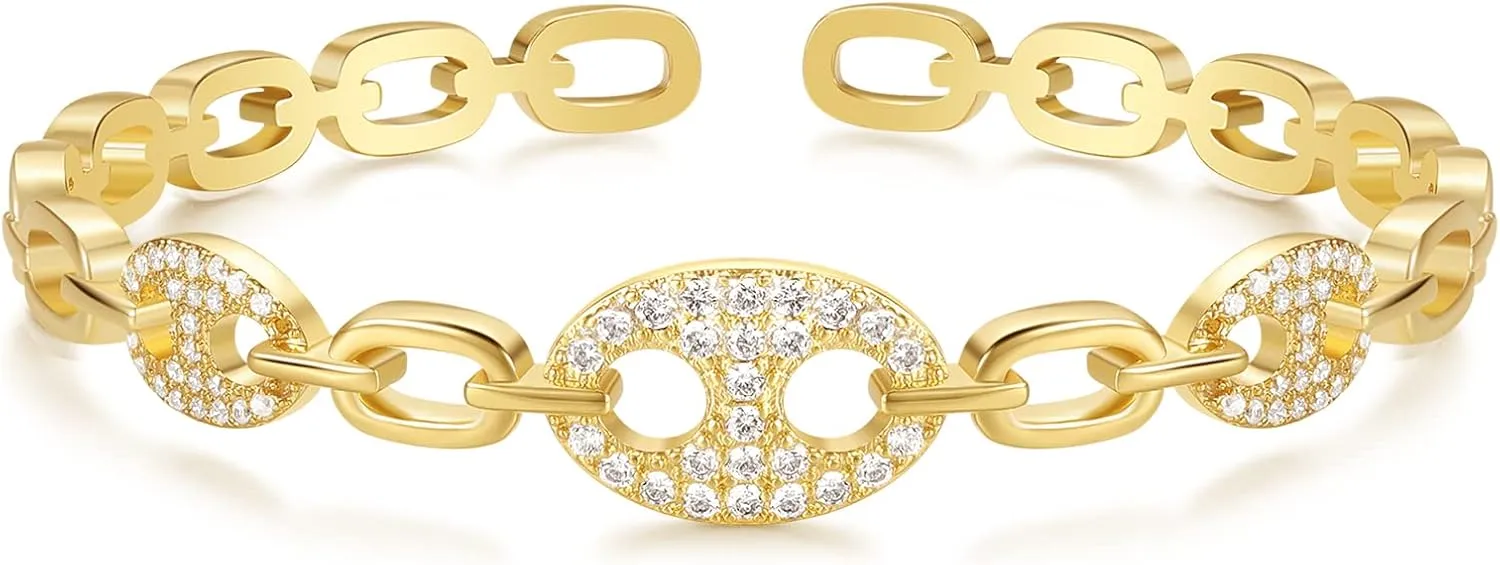 KissYan Gold Cuff Bangle Bracelets for Women, 14K Gold Plated Adjustable Open Cuff Bracelet Flat Hollow Butterfly Cubic Zirconia Jewelry Gift