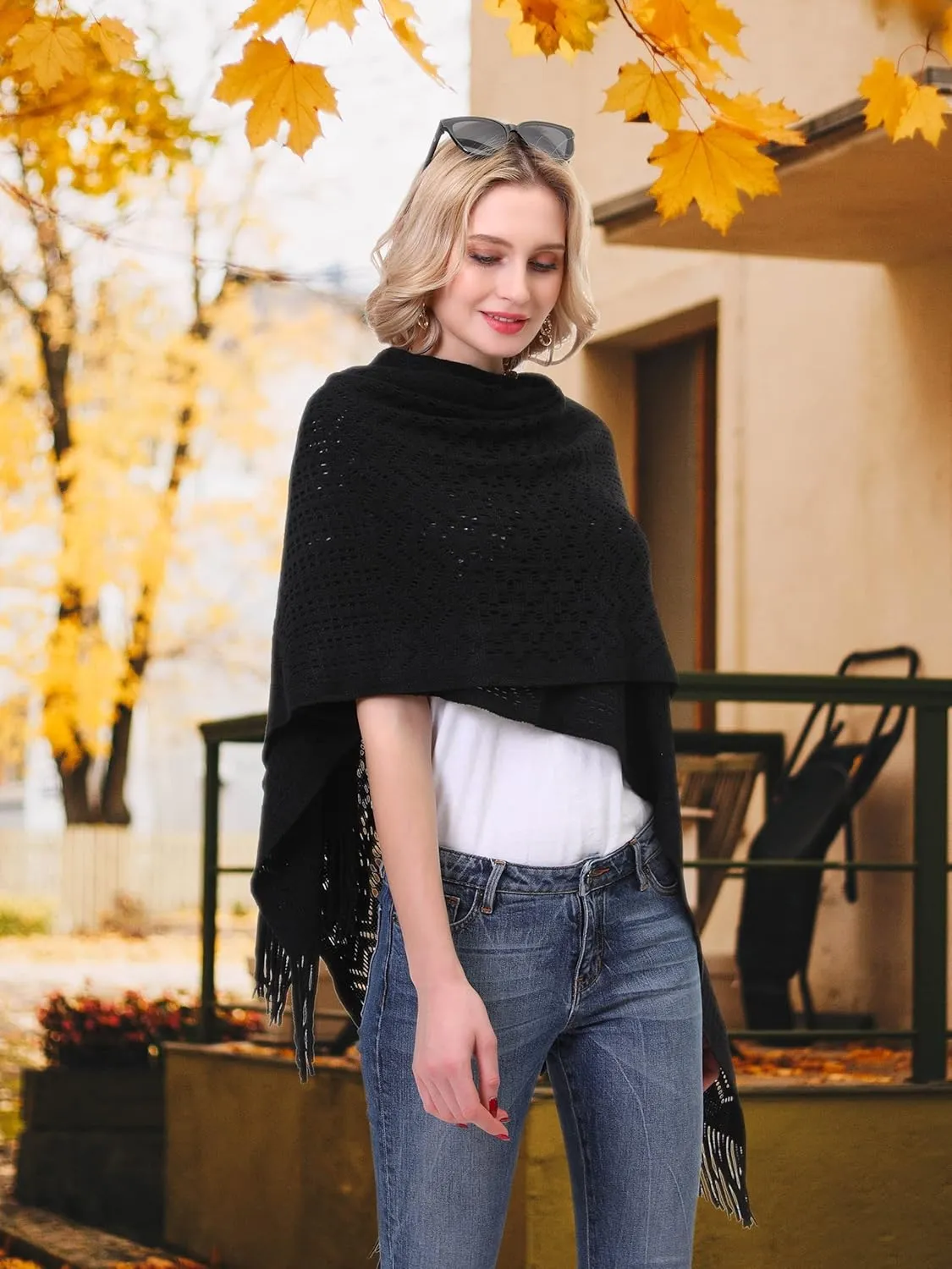 Knit Shawl Wrap for Women - Soul Young Ladies Fringe Knitted Poncho Cardigan Cape