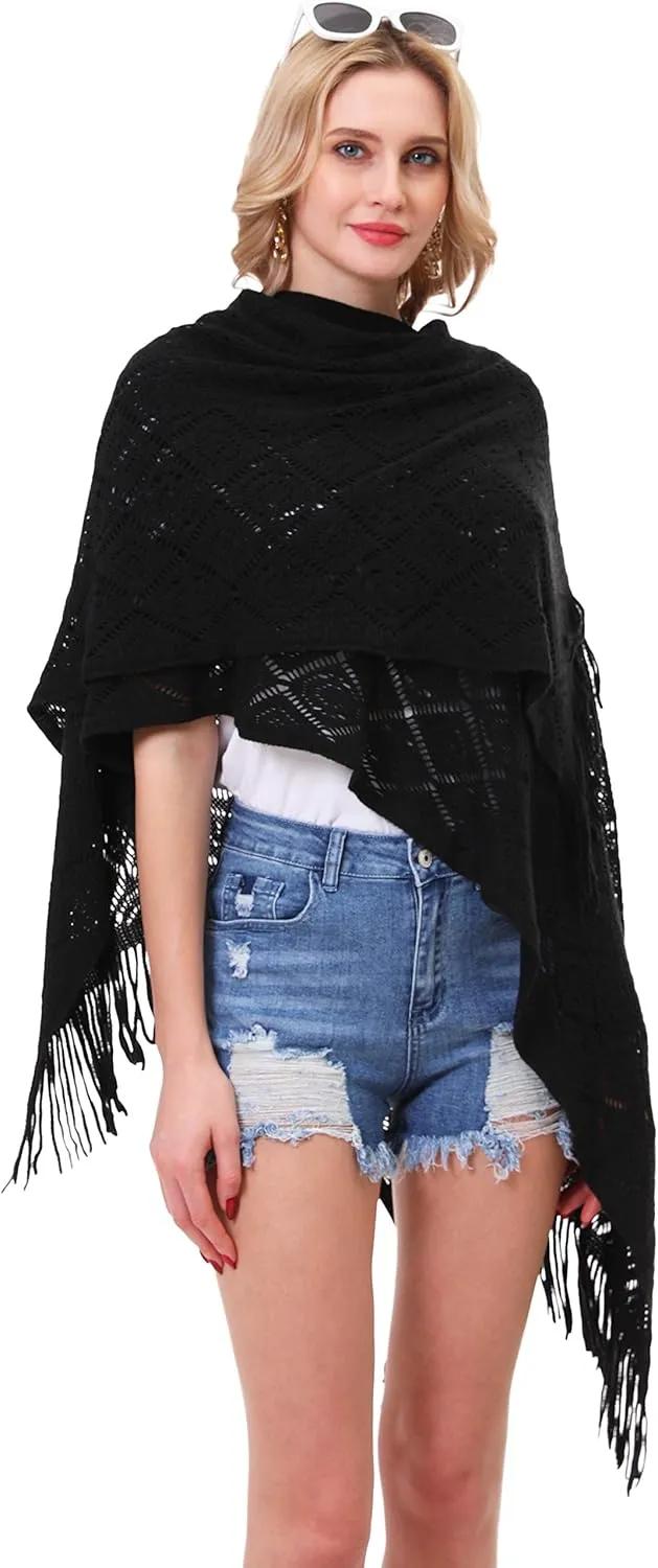 Knit Shawl Wrap for Women - Soul Young Ladies Fringe Knitted Poncho Cardigan Cape