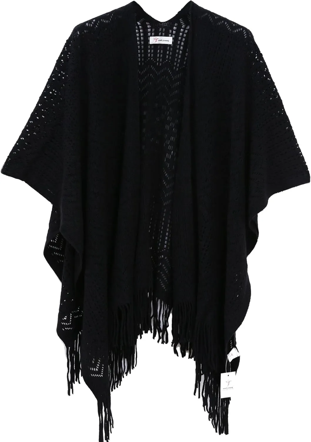 Knit Shawl Wrap for Women - Soul Young Ladies Fringe Knitted Poncho Cardigan Cape