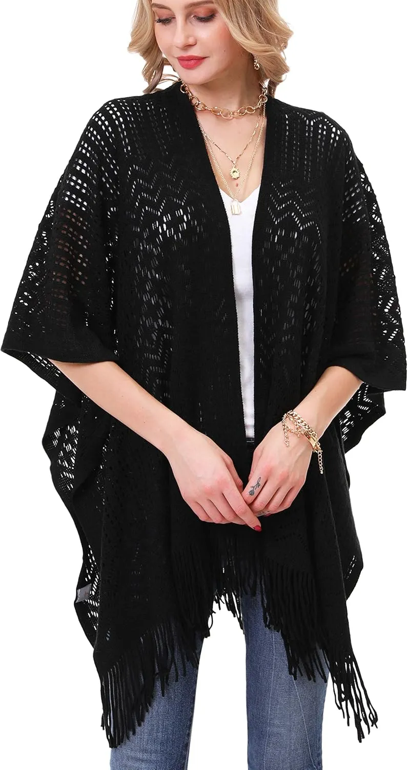 Knit Shawl Wrap for Women - Soul Young Ladies Fringe Knitted Poncho Cardigan Cape