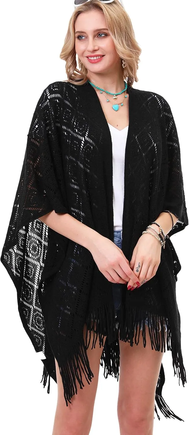 Knit Shawl Wrap for Women - Soul Young Ladies Fringe Knitted Poncho Cardigan Cape