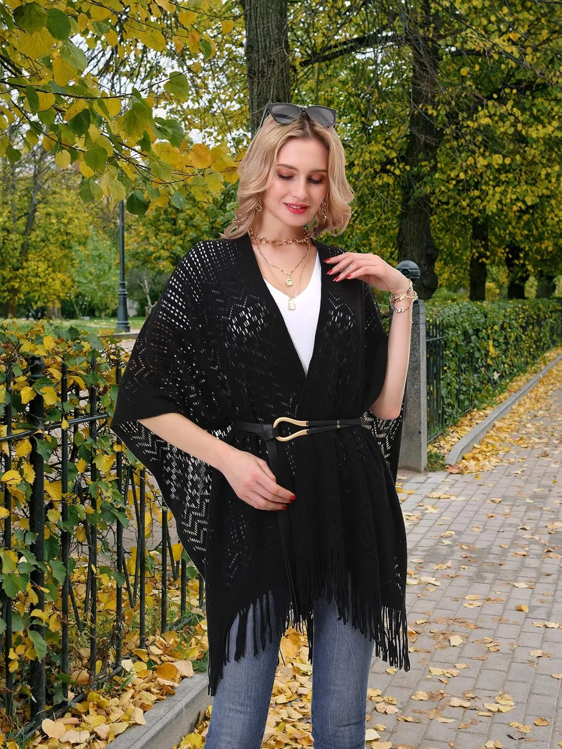 Knit Shawl Wrap for Women - Soul Young Ladies Fringe Knitted Poncho Cardigan Cape
