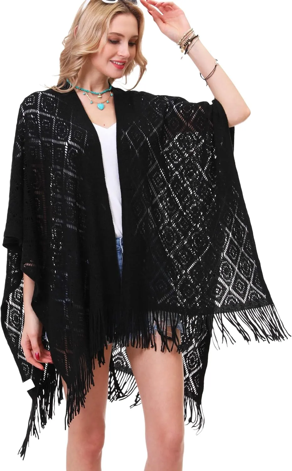 Knit Shawl Wrap for Women - Soul Young Ladies Fringe Knitted Poncho Cardigan Cape