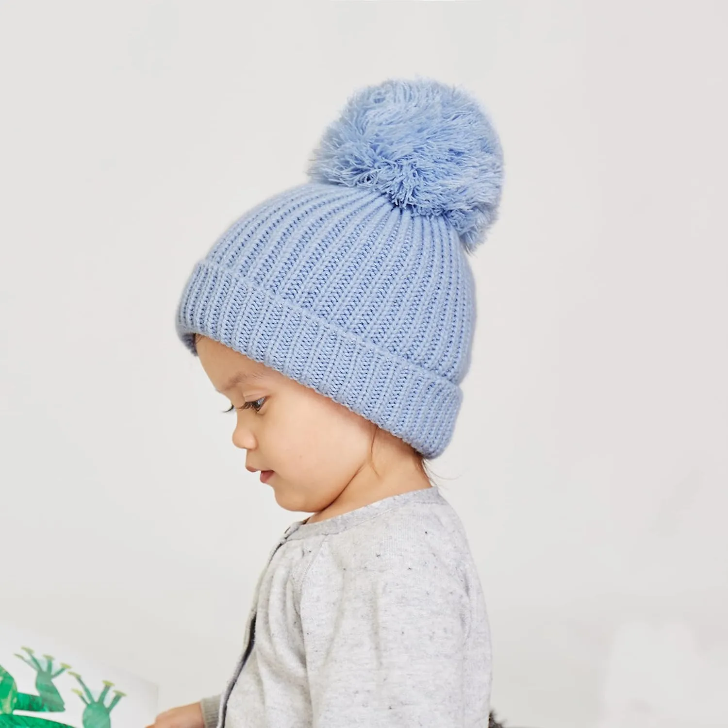 LANGZHEN Winter Warm Knitted Baby Hats for Girls Pom Pom Kid Toddler Boys Beanies Cap with Fleece Lining