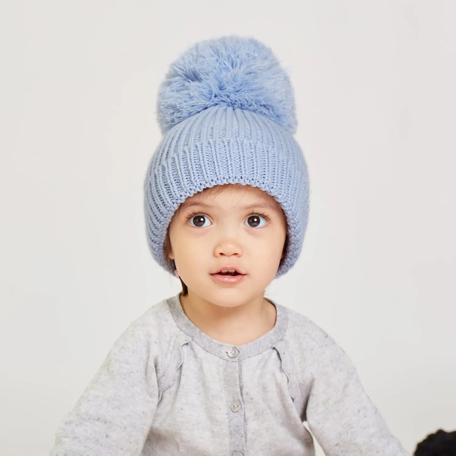 LANGZHEN Winter Warm Knitted Baby Hats for Girls Pom Pom Kid Toddler Boys Beanies Cap with Fleece Lining