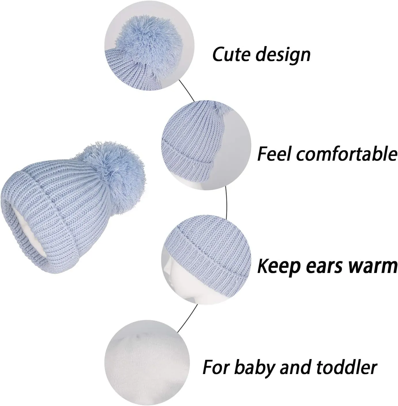 LANGZHEN Winter Warm Knitted Baby Hats for Girls Pom Pom Kid Toddler Boys Beanies Cap with Fleece Lining