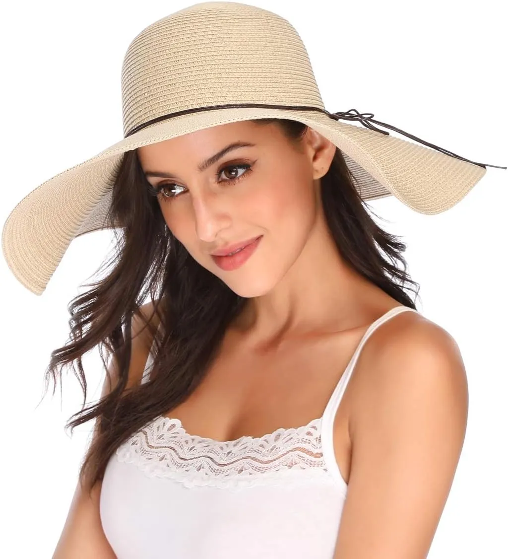Lanzom Womens Wide Brim Straw Hat Big Floppy Foldable Roll up Cap Beach Sun Hat UPF 50 