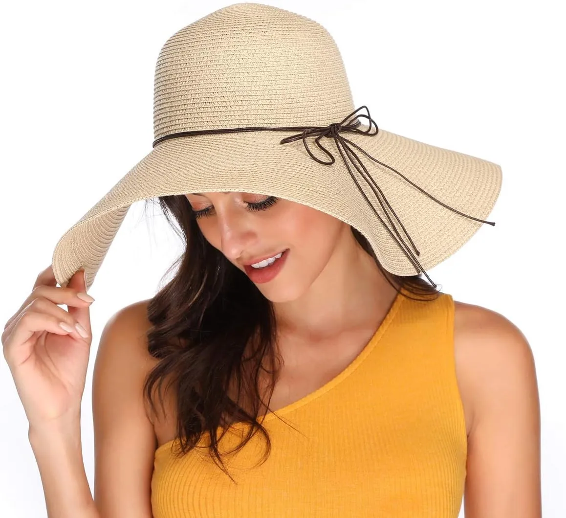 Lanzom Womens Wide Brim Straw Hat Big Floppy Foldable Roll up Cap Beach Sun Hat UPF 50 