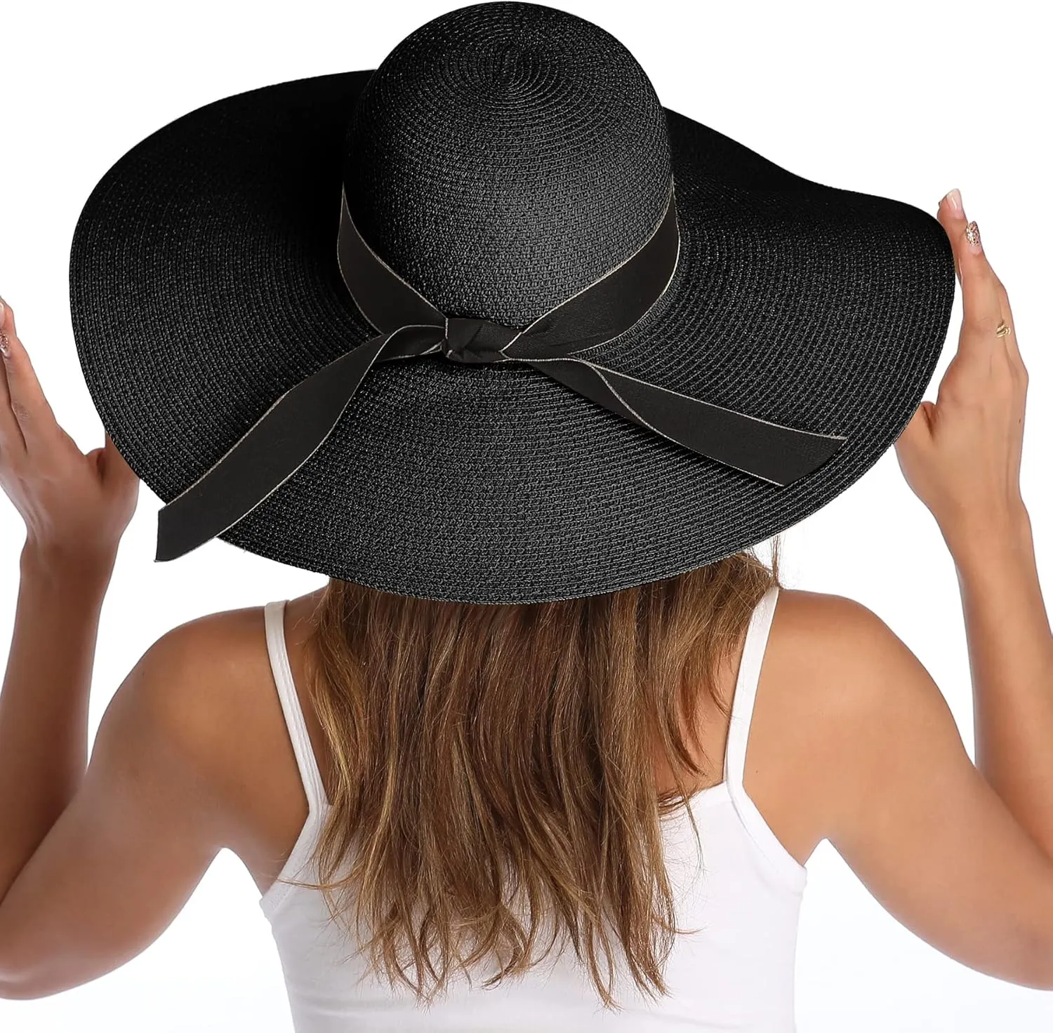 Lanzom Womens Wide Brim Straw Hat Big Floppy Foldable Roll up Cap Beach Sun Hat UPF 50 