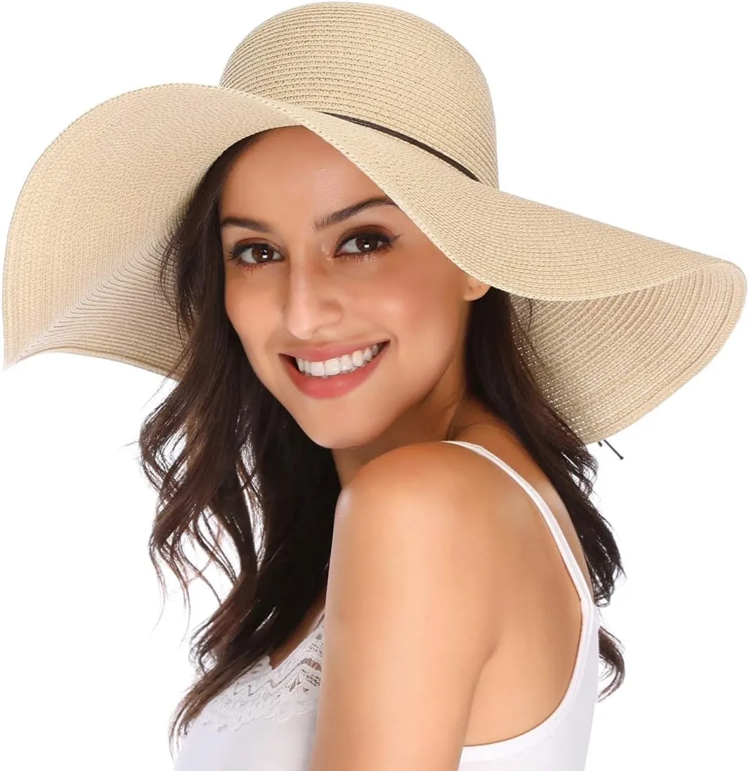Lanzom Womens Wide Brim Straw Hat Big Floppy Foldable Roll up Cap Beach Sun Hat UPF 50 