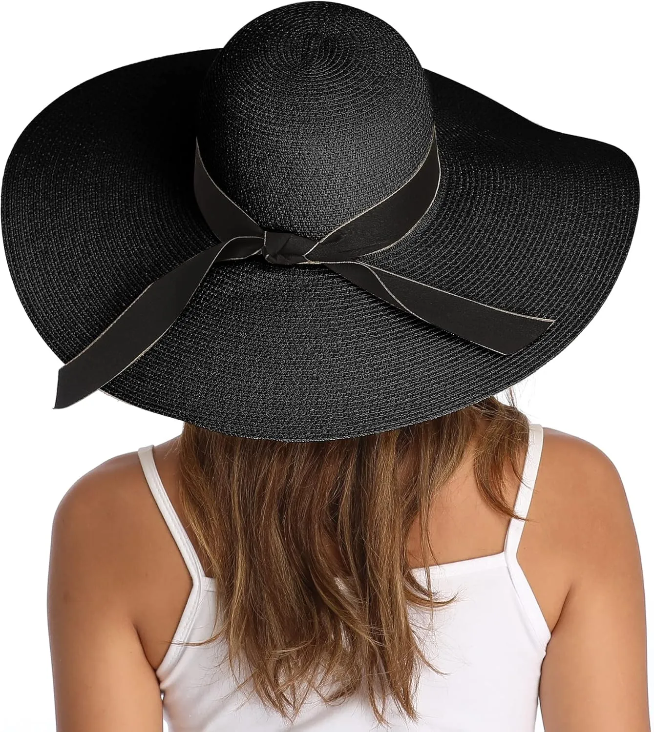 Lanzom Womens Wide Brim Straw Hat Big Floppy Foldable Roll up Cap Beach Sun Hat UPF 50 