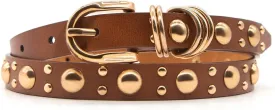 Long Keeper Skinny Women Leather Belt Punk Studded Belts for Pants Jeans Dresses Fashion Goth Thin Vegan Leather Waist Belt