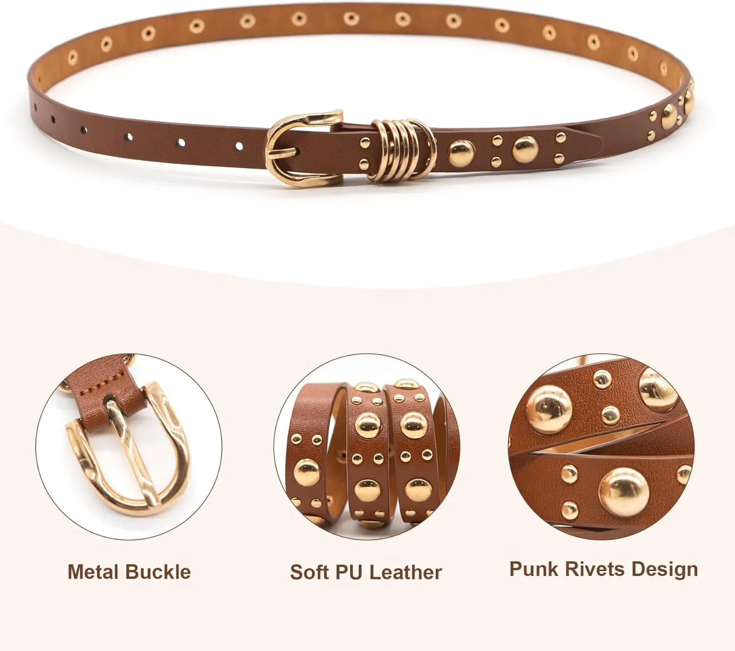 Long Keeper Skinny Women Leather Belt Punk Studded Belts for Pants Jeans Dresses Fashion Goth Thin Vegan Leather Waist Belt