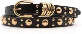 Long Keeper Skinny Women Leather Belt Punk Studded Belts for Pants Jeans Dresses Fashion Goth Thin Vegan Leather Waist Belt