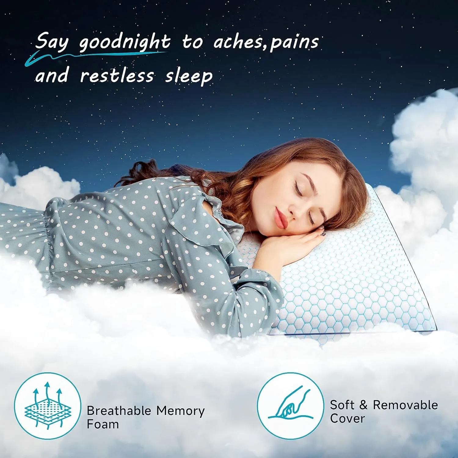 Memory Foam Pillows for Side, Back and Stomach Sleepers, Set of 2, Bed Pillow with Washable Cover and Breathable Mesh, Bed Pillow for Sleeping (BlueStandard Size)