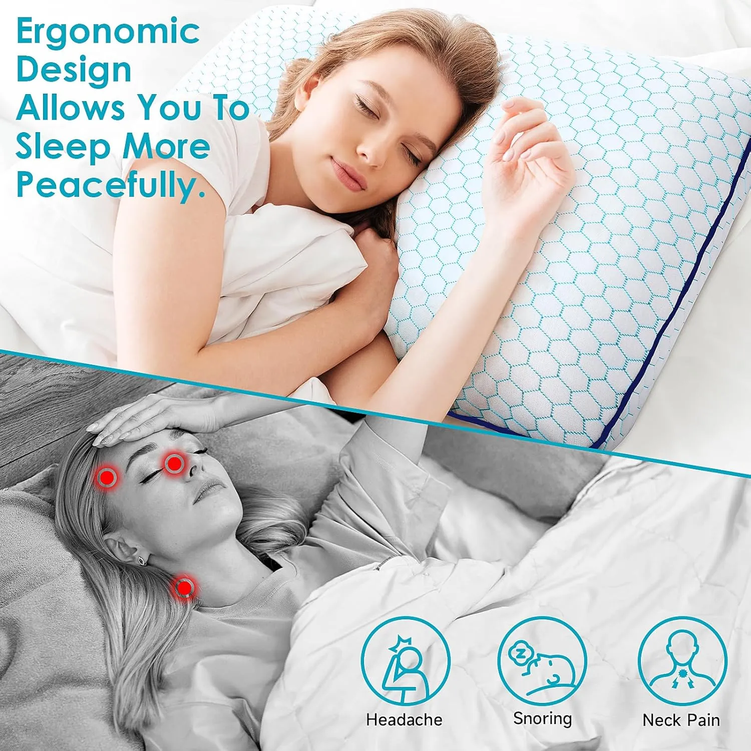 Memory Foam Pillows for Side, Back and Stomach Sleepers, Set of 2, Bed Pillow with Washable Cover and Breathable Mesh, Bed Pillow for Sleeping (BlueStandard Size)