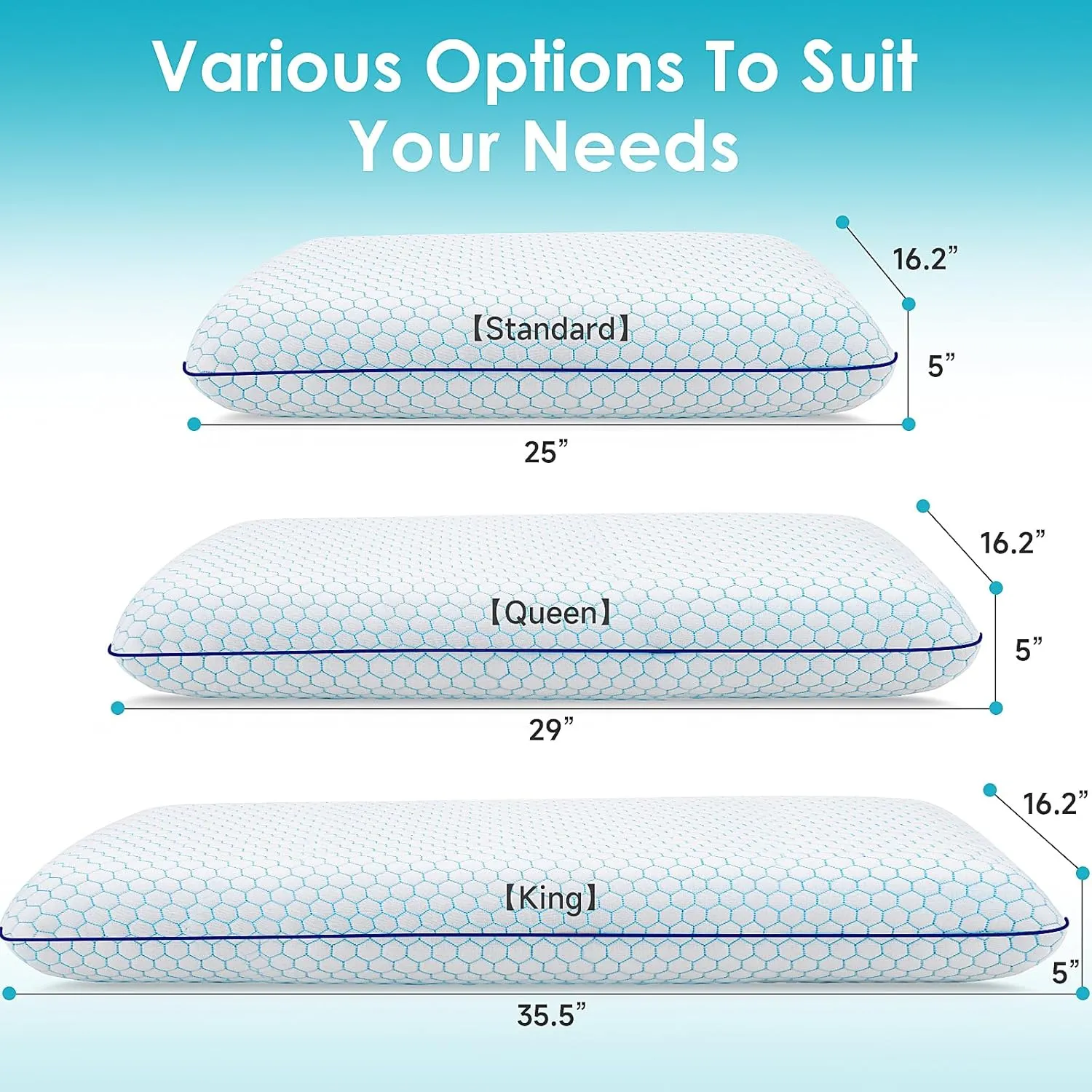 Memory Foam Pillows for Side, Back and Stomach Sleepers, Set of 2, Bed Pillow with Washable Cover and Breathable Mesh, Bed Pillow for Sleeping (BlueStandard Size)