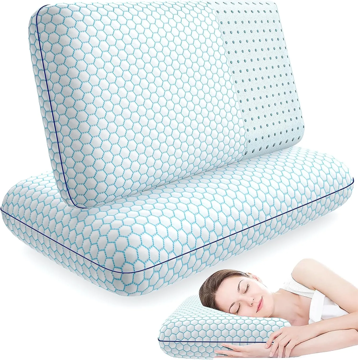 Memory Foam Pillows for Side, Back and Stomach Sleepers, Set of 2, Bed Pillow with Washable Cover and Breathable Mesh, Bed Pillow for Sleeping (BlueStandard Size)